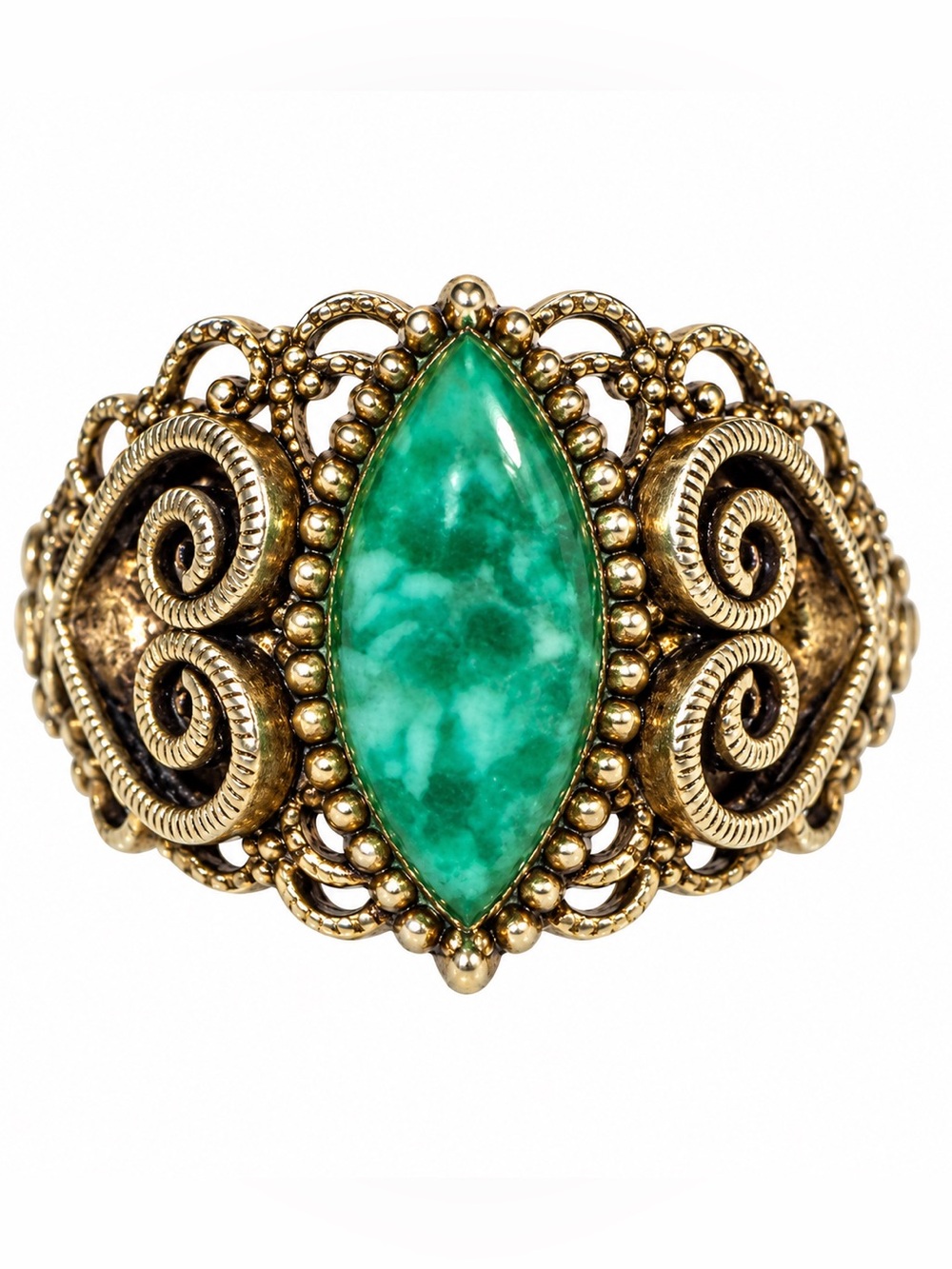 Vintage Turquoise Color Cabochon Filigree Ring Silver Tone Ornate Boho J018